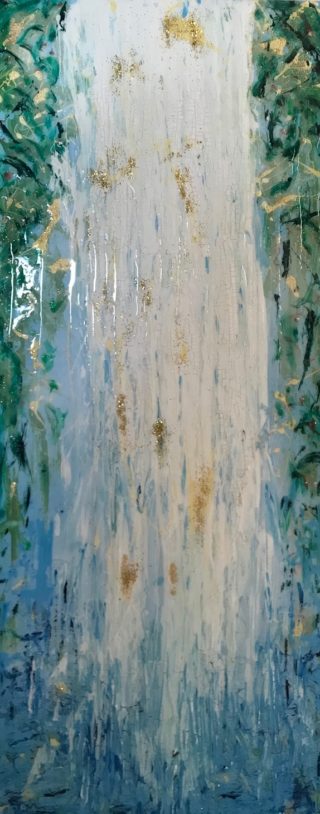 A  painting by Amal Khouri in the Abstract style  with main colour being Blue and titled Bridal Veil Waterfall