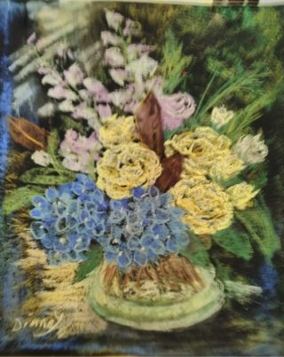 A Pastel painting by Diane Yousouf in the Impressionist style  depicting Still Life Flowers and Vases with main colour being Black Blue and Cream and titled Hydrangeas and Roses