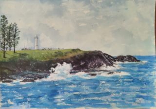 A Watercolour painting by Diane Yousouf in the Realist style  depicting Seascape Birds Buildings and Cars with main colour being Black Blue and Brown and titled Kiama Lighthouse