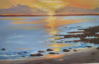 An Acrylic painting by Diane Yousouf in the Impressionist style  depicting Seascape Beach Clouds and Rocks with main colour being Blue Brown and Cream and titled Beach Sunrise