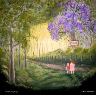 An Acrylic painting by Rex Woodmore in the Contemporary Realist style  depicting Children Bush Farmland and Flowers with main colour being Green Pink and Purple and titled Private Property