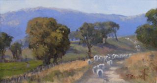 An Oil painting by Trish Bennett in the Impressionist style  depicting Landscape Mountains and Trees with main colour being Blue Ochre and Olive and titled Heading off Home