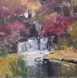 An Oil painting by Trish Bennett in the Impressionist style  depicting Landscape Garden with main colour being Grey Olive and Pink and titled In the Water Garden