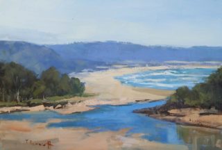 An Oil painting by Trish Bennett in the Impressionist style  depicting Landscape Trees with main colour being Blue Ochre and Olive and titled Painting Narrawallee