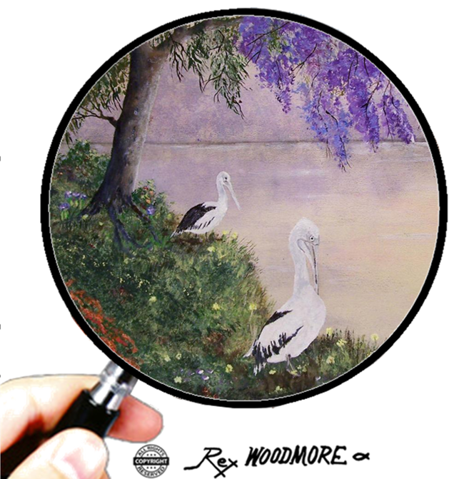 Acrylic Painting by Rex Woodmore titled Peaceful Pelicans. ​