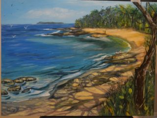 An Acrylic painting by Diane Yousouf in the Realist Impressionist style  depicting Seascape Beach People and Rocks with main colour being Blue Brown and Cream and titled Huskisson Beach