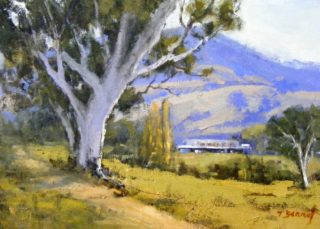 An Oil painting by Trish Bennett in the Impressionist style  depicting Bush Mountains and Trees with main colour being Blue Ochre and Orange and titled Treasured Journey