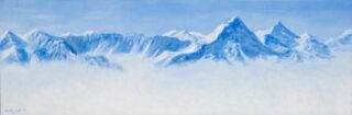 An Acrylic painting by Alex Mortensen in the Realist style  depicting Landscape Mountains and Snow with main colour being Blue and White and titled Alpine Country