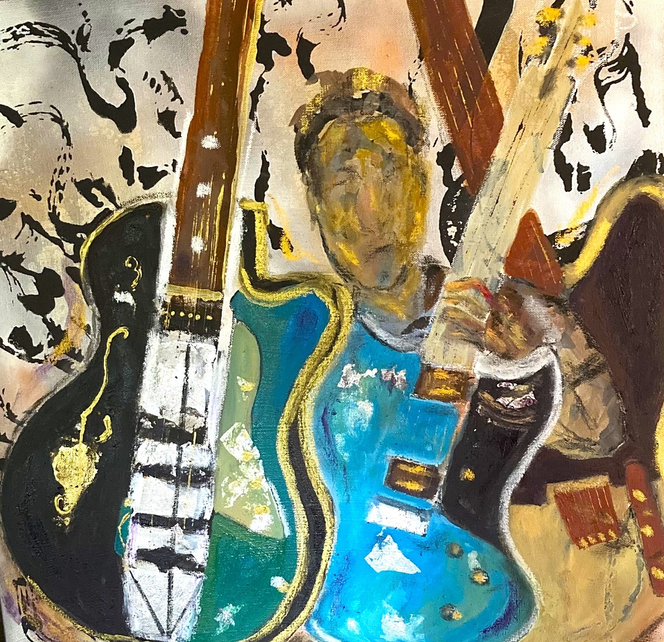 Mixed Media Painting by Margaret Morgan Watkins titled Three Guitars