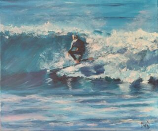 An Acrylic painting by Diane Yousouf in the Realist style  depicting Sport People and Water with main colour being Black Blue and White and titled Surfer