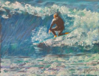 A Pastel painting by Diane Yousouf in the Realist Impressionist style  depicting Seascape People Sea and Water with main colour being Black Blue and White and titled Surfer II