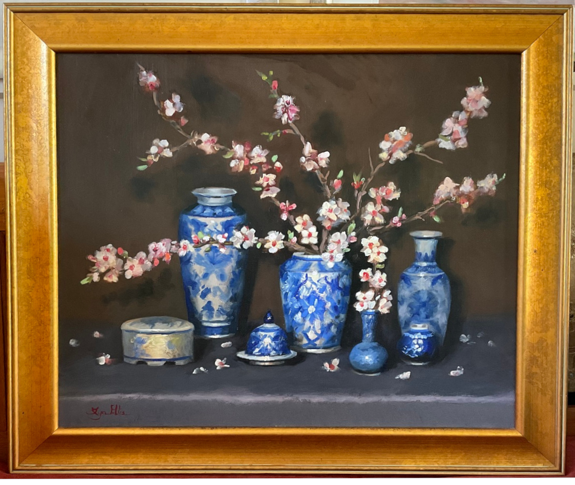 Oil Painting by Lyn Ellis titled Almond Blossom with Blue and White Vases