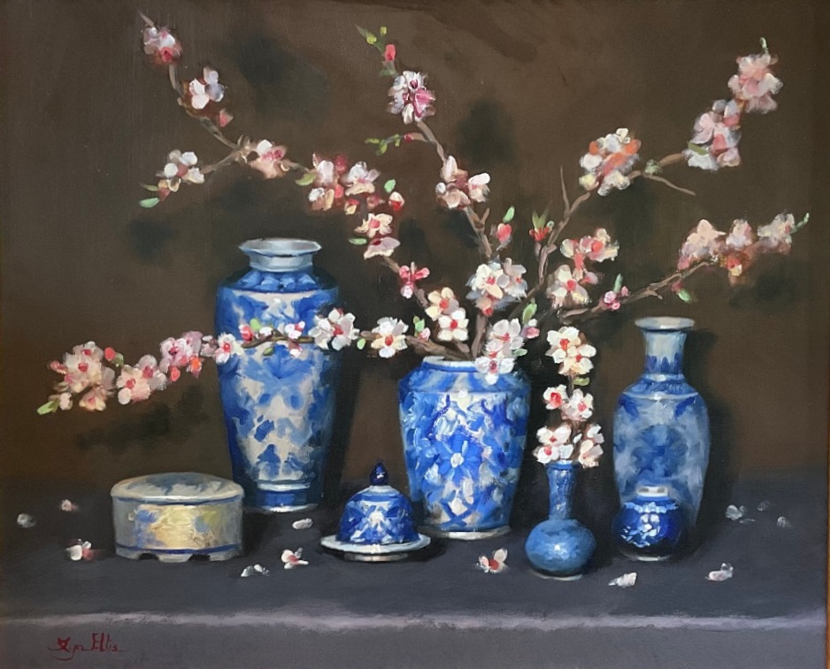 Oil Painting by Lyn Ellis titled Almond Blossom with Blue and White Vases
