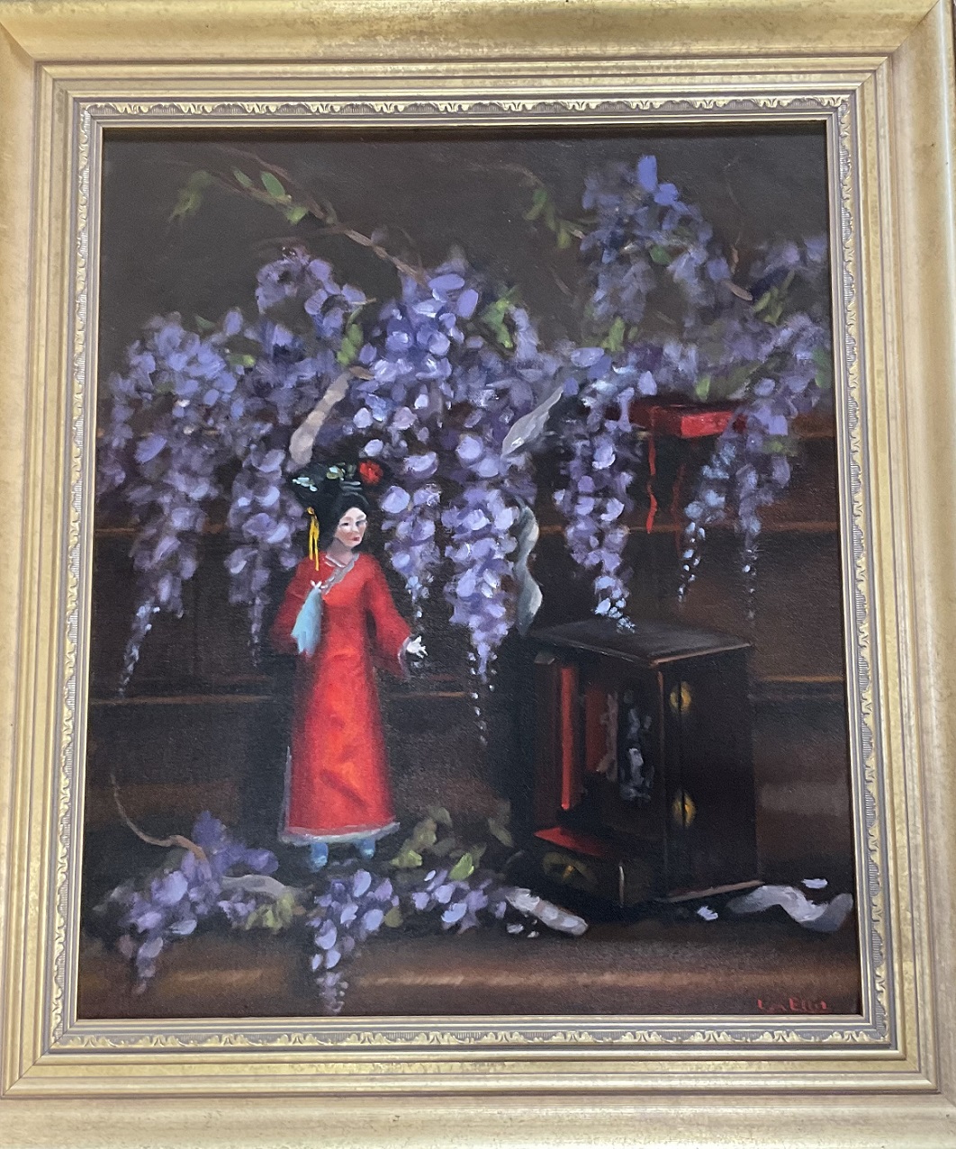 Oil Painting by Lyn Ellis titled Wisteria with Red Chinese doll