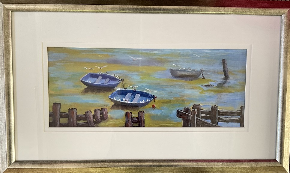 Acrylic Painting by Lyn Ellis titled Tender Boats at Low Tide, Swan Bay Queenscliff