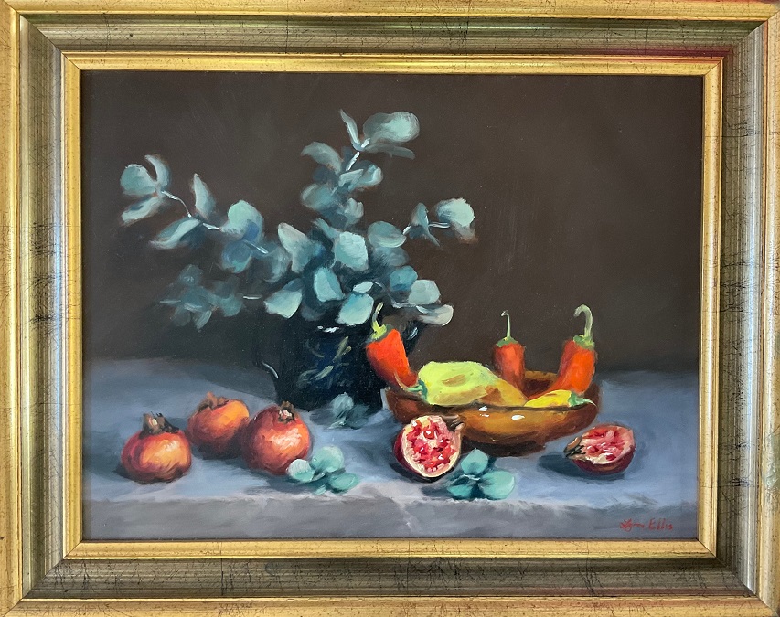 Oil Painting by Lyn Ellis titled Red Hot Chillies and Pomegranates-Framed