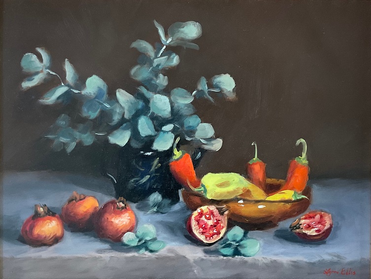 Oil Painting by Lyn Ellis titled Red Hot Chillies and Pomegranates-Framed