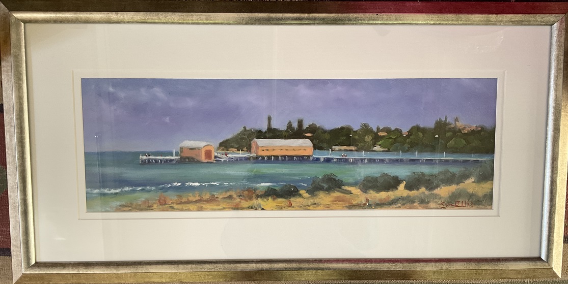 Oil Painting by Lyn Ellis titled Queenscliff Pier and Historic Lifeboat Shed