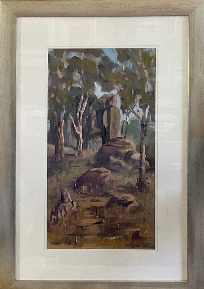 Oil Painting by Lyn Ellis titled Hanging Rock Climb, Macedon
