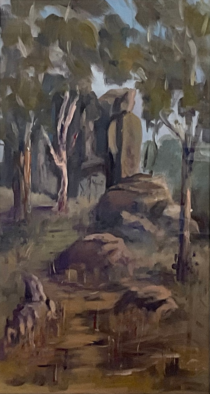 Oil Painting by Lyn Ellis titled Hanging Rock Climb, Macedon