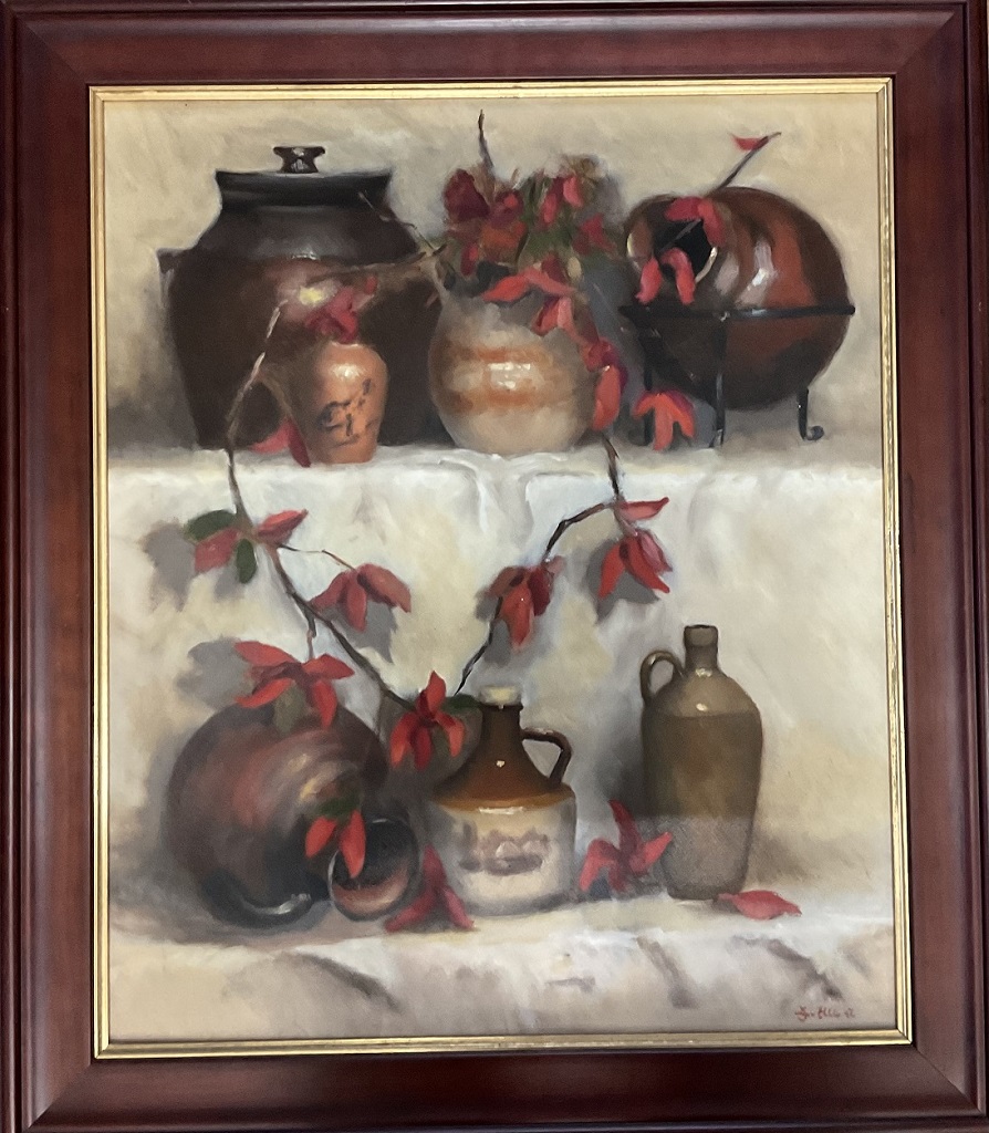 Oil Painting by Lyn Ellis titled Pots with Autumn Leaves and Calico