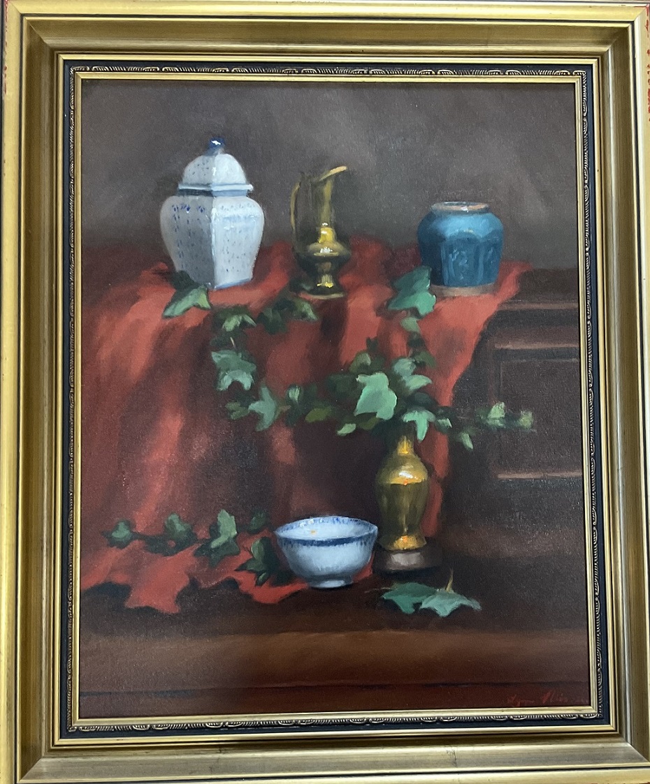 Oil Painting by Lyn Ellis titled Pots, Brass and Ivy