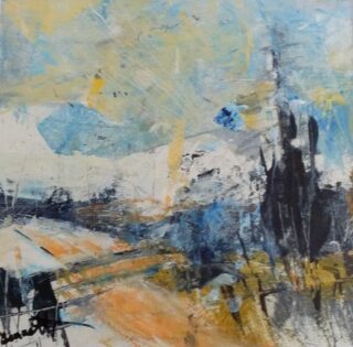 A Mixed Media painting by Trish Bennett in the Contemporary style  depicting Landscape with main colour being Black Blue and Ochre and titled Expressive Landscape