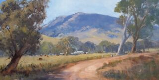 An Oil painting by Trish Bennett in the Impressionist style  depicting Landscape Rural with main colour being Blue Green and Ochre and titled Out and About