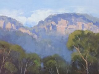 An Oil painting by Trish Bennett in the Impressionist style  depicting Landscape Mountains and Trees with main colour being Blue Ochre and Olive and titled Misty Mountains