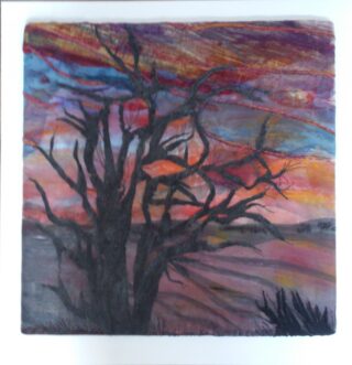 A Mixed Media painting by Shirley Drayton depicting Trees Sunset with main colour being Black and Red and titled After the Fire
