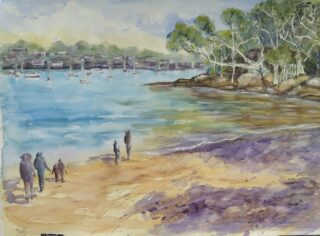 A Watercolour painting by Diane Yousouf in the Realist style  depicting Seascape Beach Boats and People with main colour being Black Blue and Brown and titled Beach Walk