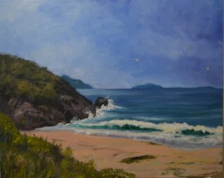 An Oil painting by Diane Yousouf in the Realist Impressionist style  depicting Seascape Beach Clouds and Rain with main colour being Blue Brown and Cream and titled Box Beach in Shoal Bay