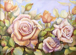 A Watercolour painting by Glenys Gaston Flowers and titled Peaceful Roses