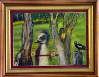 A Mixed Media painting by Irene Ioannou in the Contemporary Realist style  depicting Birds Farmland Outback and Rural with main colour being Black Green and Grey and titled Emu and Friends