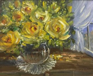 An Oil painting by Diana Garth in the Impressionist style  depicting Flowers with main colour being Brown Grey and Yellow and titled A Sunny Corner