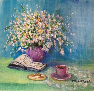 A Gouache painting by Diana Garth in the Impressionist style  depicting Still Life Flowers Food and Vases and titled Time for a Cuppa