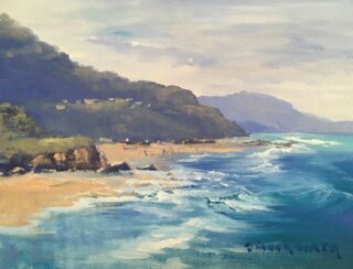 An Oil painting by Diana Garth in the Impressionist style  depicting Seascape Beach Hills and Water with main colour being Blue Brown and Grey and titled Dunster Park Austinmer