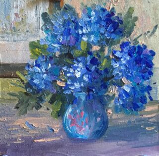An Oil painting by Diana Garth in the Impressionist style  depicting Flowers with main colour being Blue and titled Old Favourites
