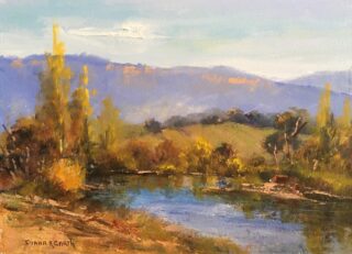 An Oil painting by Diana Garth in the Impressionist style  depicting Landscape River Rural and Trees with main colour being Blue Ochre and Olive and titled Autumn Creek