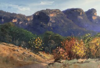An Oil painting by Diana Garth in the Impressionist style  depicting Landscape Mountains and Rural with main colour being Blue Grey and Ochre and titled Bylong Valley Autumn