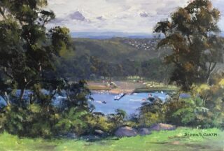An Oil painting by Diana Garth depicting Landscape Hills River and Trees with main colour being Blue Grey and Ochre and titled Overlooking the George’s River