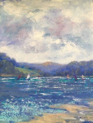 An Oil painting by Diana Garth in the Impressionist style  depicting Seascape Hills River and Water and titled Windy Day Sailing at Lake Illawarra