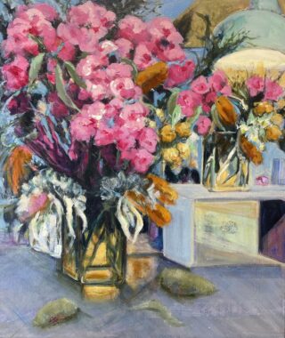 An Acrylic painting by Jean Harrow in the Impressionist style  depicting Flowers with main colour being Grey Pink and Yellow and titled Cafe Flowers