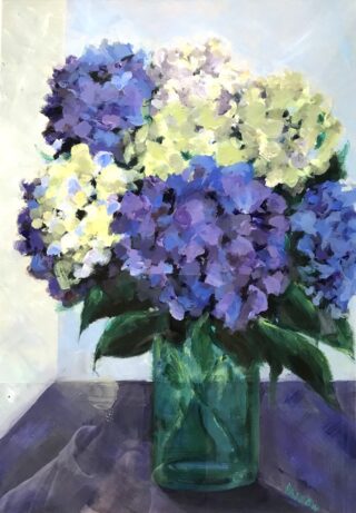An Acrylic painting by Jean Harrow in the Impressionist style  depicting Flowers with main colour being Cream Grey and Purple and titled Hydrangea Blooms