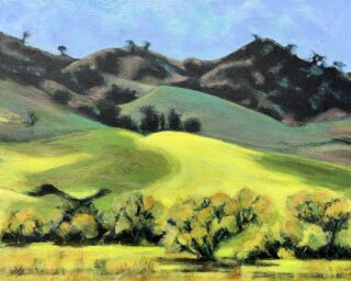 An Acrylic painting by Jean Harrow in the Impressionist style  depicting Landscape Hills and titled Pastoral