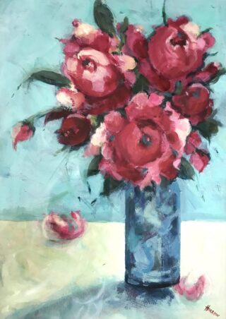 An Acrylic painting by Jean Harrow in the Expressionism style  depicting Flowers with main colour being Blue and Red and titled Red Roses