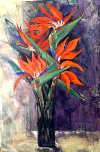 An Acrylic painting by Jean Harrow in the Impressionist style  depicting Flowers with main colour being Cream Green and Olive and titled Strelitzia Paradise