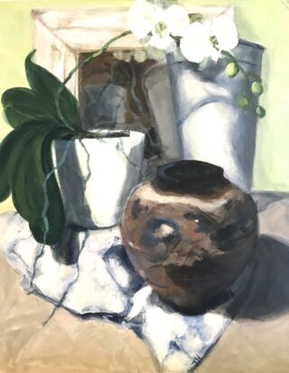 A Mixed Media painting by Jean Harrow in the Impressionist style  Flowers Jugs and Vases with main colour being Brown Cream and Ochre and titled Through the Mirror