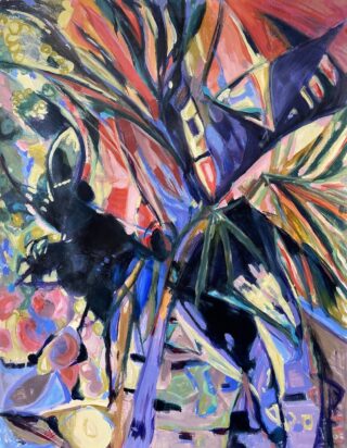An Acrylic painting by Jean Harrow in the Abstract style  Flowers with main colour being Blue Orange and Red and titled Tropical Vibe