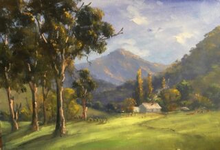 An Oil painting by Diana Garth in the Impressionist style  depicting Landscape Hills and Trees and titled Day Break in the Valley
